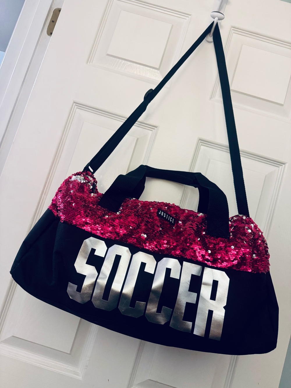 Justice Black Soccer Duffel Bag with Pink and Silver Flip Sequin Embellishment